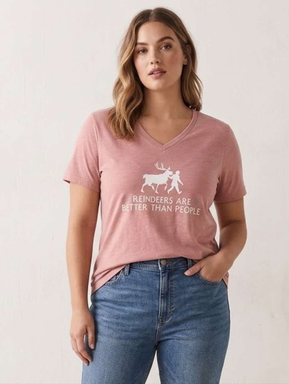 Olaf Sven 'Reindeers Are Better Than People' V-Neck Tee Large Frozen Disney